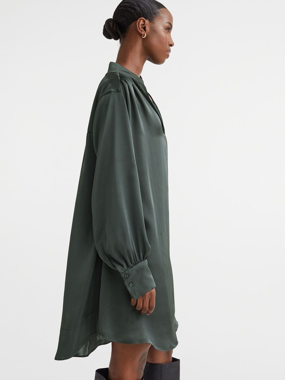 H&M| Deep Green Satin V-Neck Long Sleeve Oversized Tunic Shirt Dress Sz XXL - Picture 7 of 8